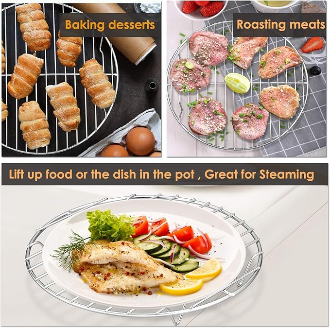 P&P CHEF 10½ Inch Cooking Rack Round, Stainless Steel Round Rack for Cooking Cooling Steaming Baking, Fit Air Fryer Pot Pressure Cooker, 2 Pack -Oven Safe, Silver
