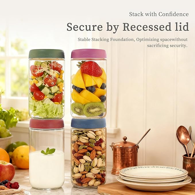 24oz 4Pack Glass Overnight Oats Jars Containers with Airtight Leakproof Lids, Reusable Mason Jars for Meal Prep, Yogurt Parfaits, Smoothies, Salads & Healthy Breakfasts (24 OZ-4-1)