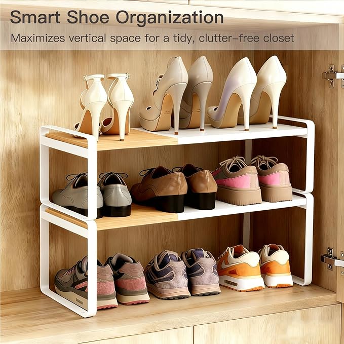 Expandable Cabinet Shelf Organizer & Spice Rack, Stackable Kitchen Counter Riser with Anti-Slip Legs, Bamboo Cupboard Storage for Dish, Plate & Canned Food, Small Shoe Rack for Closet (White)