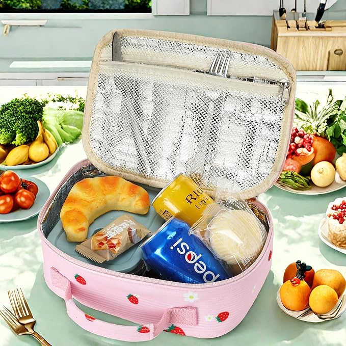 LEDAOU Lunch Box Kids Insulated Lunch Bag Girls Boys Toddler Reusable Lunchbox for School Picnic Hiking (Strawberry-Pink)