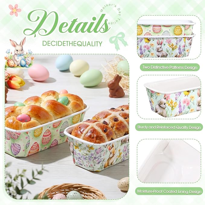 LemonRoad 100 Pcs Easter Mini Loaf Pans with Lids 6.3 x 2.2 x 2.2 Inch Disposable Paper Baking Pans Bulk, Easter Baby Shower Baking Party Supplies for Cake Bread Oven Bakery