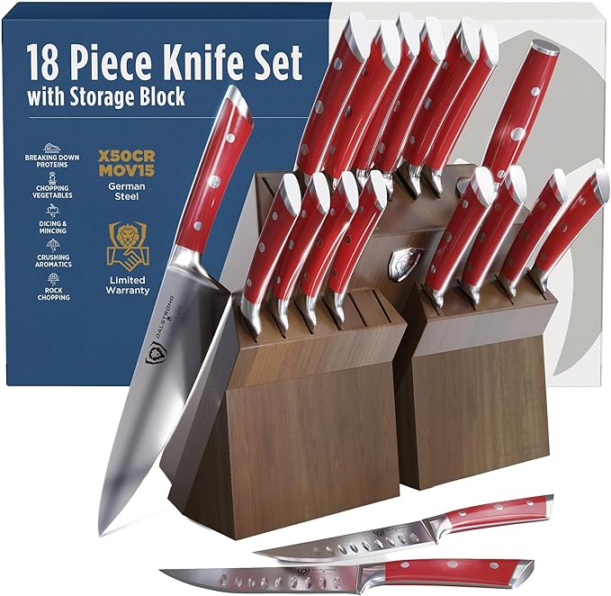 Dalstrong 18-Piece Kitchen Knife Set Block - High Carbon German Steel Full Tang - Acacia Wood Knife Block Set - Red Handles ABS Gladiator Series - Professional NSF Knives set for Kitchen Cuchillos