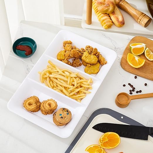 Lullaby 3 Sectional Plastic Serving Tray 14.2" x 9", 3 Pack White Serving Platters for Cheese Cracker Food, Durable and Reusable