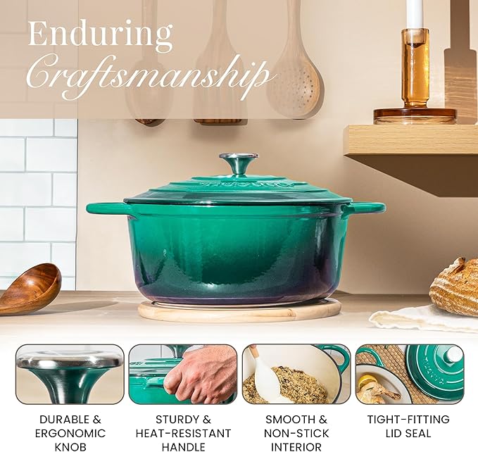 Cast Iron Dutch Oven with Lid – Non-Stick Ovenproof Enamelled Casserole Pot – Sturdy Dutch Oven Cookware – Dark Green, 7.3-Quart, 30cm – by Nuovva