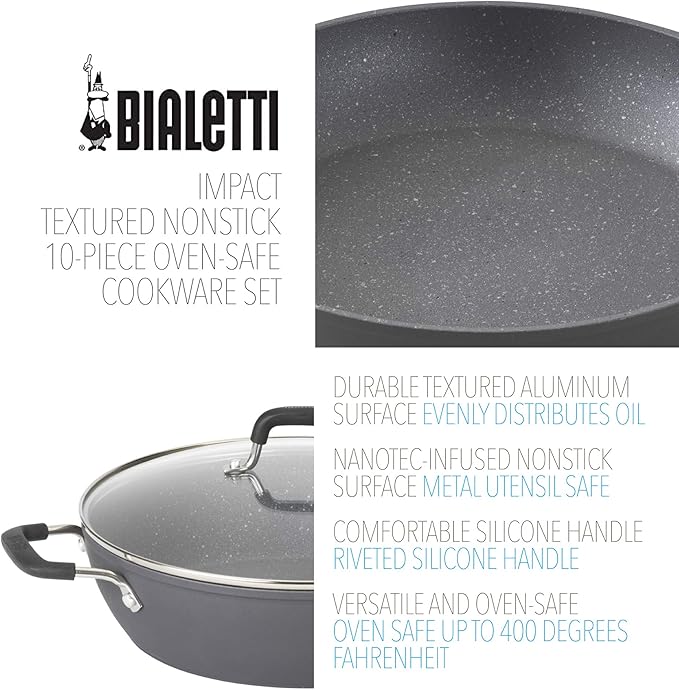Bialetti Impact 10-Piece Textured Aluminum Cookware Set with Pots, Pans, and Dutch Oven, Nonstick Pots and Pans Set for Kitchen, Gray