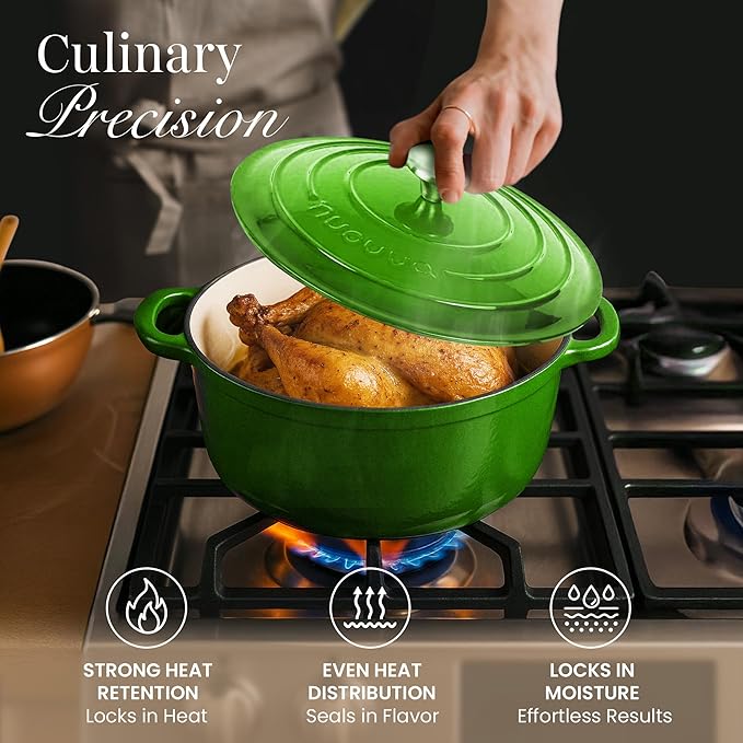 Cast Iron Dutch Oven with Lid – Non-Stick Ovenproof Enamelled Casserole Pot – Sturdy Dutch Oven Cookware – Green, 3.1-Quart, 22cm – by Nuovva