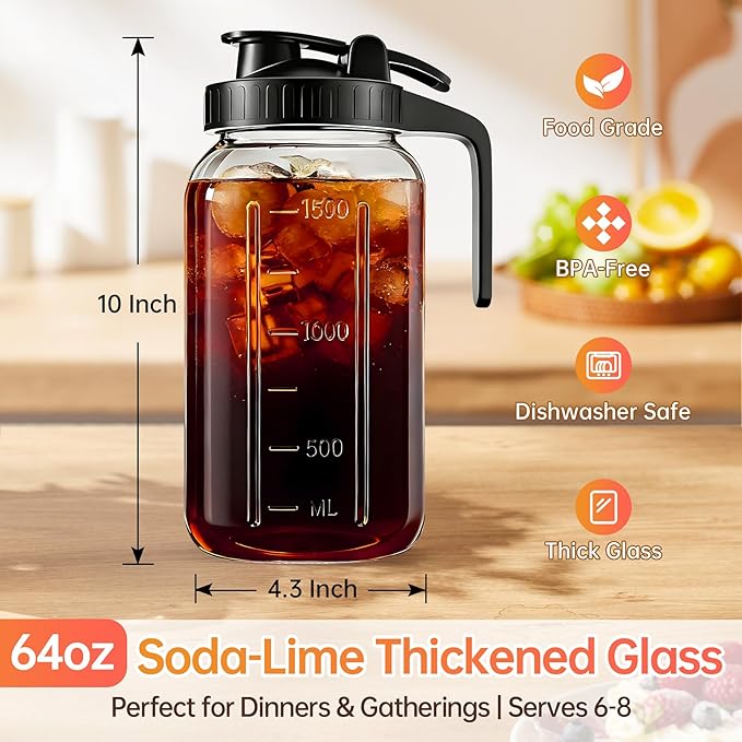 64oz Glass Pitcher with Lid & Spout – 2 Quart Mason Jars, Airtight & Leakproof Breastmilk Pitcher for Cold Brew Coffee, Sun Tea, Water, Juice – Wide Mouth, Fridge Safe