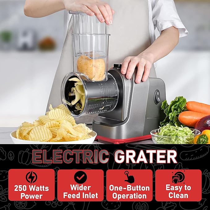 Silksway Gallery Electric Cheese Grater, 250W Salad Maker with 5 Stainless Steel Blades, Slicer Shredder for Cheeses, Vegetables & Fruits, One-Touch Operation, Easy to Clean, Cheese Shredder Machine