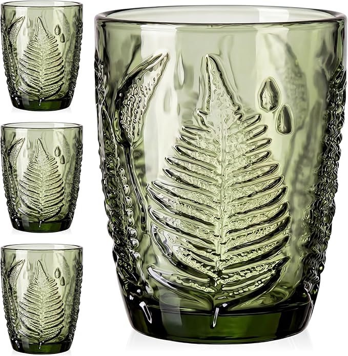 Vintage Green Drinking Glasses Set of 4, 10 oz Handcrafted Deep Textured Glass Cups, Fern Embossed Retro Glassware, Decorative Cocktail Tumblers for Home & Bar, Artisan Made Colored Drinkware Gift Set