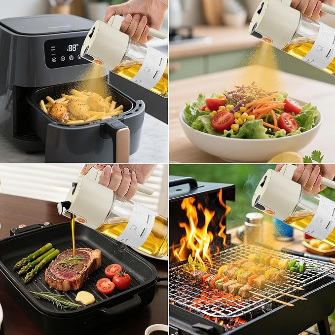 2026 Upgrade Oil Sprayer for Cooking, 2 in 1 Glass Olive Oil Dispenser 17oz, Food Grade Leakproof Kitchen Oil Bottle for Air Fryer BBQ Salad