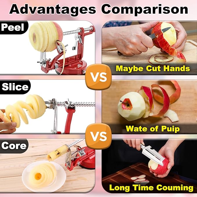 Apple Peeler Slicer Corer - (Extra 2 Blades & 1 Corer) 3 in 1 Kitchen Peeling Machine for Vegetables and Fruits, Stainless Steel Adjustable Blade, Anti Slip Suction Base