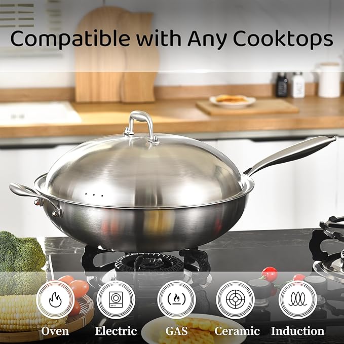 LOLYKITCH 14.5 Inch Stir-Frying Wok Pan with Steel Lid, Tri-Ply Stainless Steel Induction Cooking Wok Pan,Dishwasher and Oven Safe,Heavy Duty and Detachable Handle.