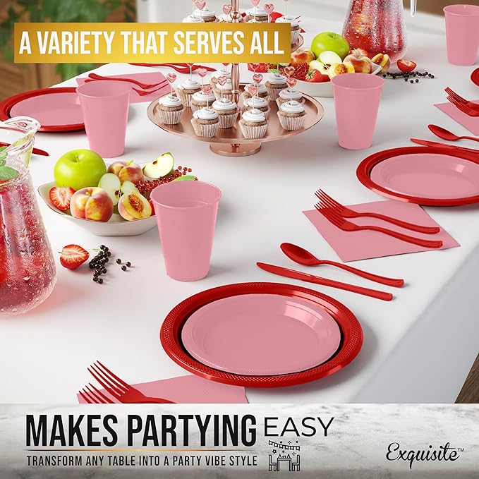 Party Solids 350 Pieces Valentines Plastic Plates For Party, Valentines Disposable Plates Set, 50 Of Each 9" Dinner Plate Set, 7" Dessert Plate, Cups, Napkins & Cutlery Plastic Dinnerware Set