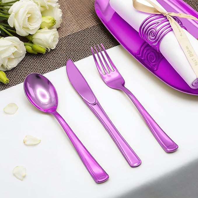 153 Pack Purple Plastic Silverware - Heavy Duty Silverware Set - 51 Forks, 51 Knives, 51 Spoons Plastic Cutlery Disposable for Holidays, Parties, Dinners, Weddings Gathering, Daily Use