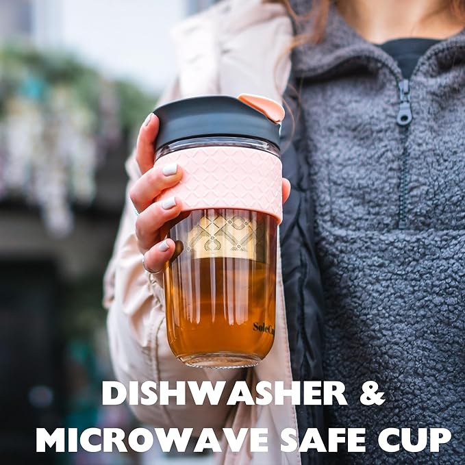 Large Travel Mug Loose Tea Infuser - Detachable Tea Strainer with Spill Proof Lid - 18oz/530ml BPA-Free Reusable Glass Travel Coffee Cup with Silicone Band (Pink, 18oz)