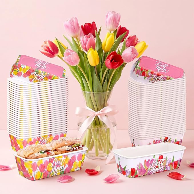LemonRoad 100 Pcs Mother's Day Mini Loaf Pans with Lids 6.3 x 2.2 x 2.2 Inch Tulip Disposable Paper Baking Pan Bulk, Mothers Day Baking Party Supplies for Cake Bread Oven Bakery