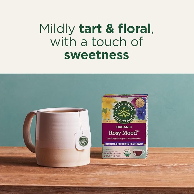 Traditional Medicinals Organic, Rosy Mood, Damiana & Butterfly Pea Flower - Uplifting Mood Support - Kosher, Non-GMO, Caffeine-Free, Compostable - 16 Tea Bags (Pack of 2)