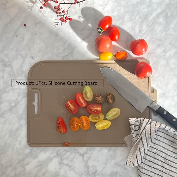 Korean Made Thick Silicone Double-Sided Usable Cutting Board 14.3" x 5.7" Foldable Design Drip Groove Grip Handle Dishwasher Safe 1PCS Stocking Stoffer Gift for Mom (Brown)