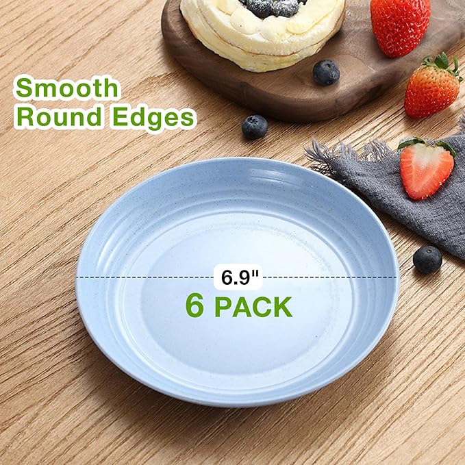 Mfacoy 6 PACK Unbreakable Dinner Plates, 6.9 Inch Wheat Straw Plates, Reusable Deep Plastic Plate, Lightweight Salad Plates for Camping/Kitchen, Dishwasher & Microwave Safe, Kids-toddler & Adult