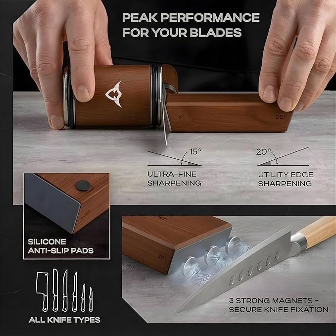 Rolling Knife Sharpener – High Carbon Stainless Steel Kitchen Knife Sharpener with 400,1000 Diamond & 3000 Ceramic Discs, 15° & 20° Sharpening Angles, Knife Sharpening Kit