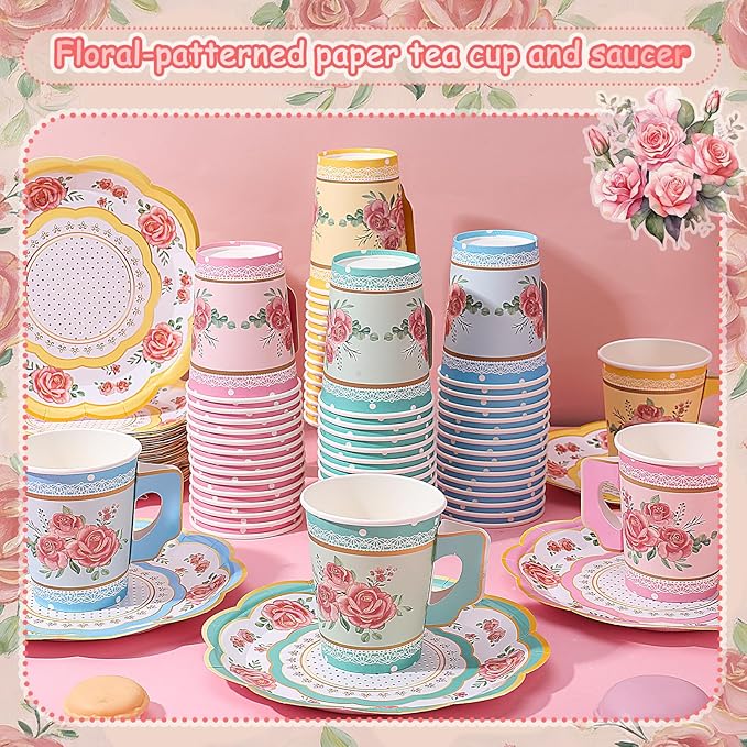 60 Sets/120 Pcs Floral Paper Tea Cups and Saucers 9 OZ Disposable Paper Tea Cups with Handle and Plates Tea Party Decorations for Birthday Wedding Garden Party Decorations