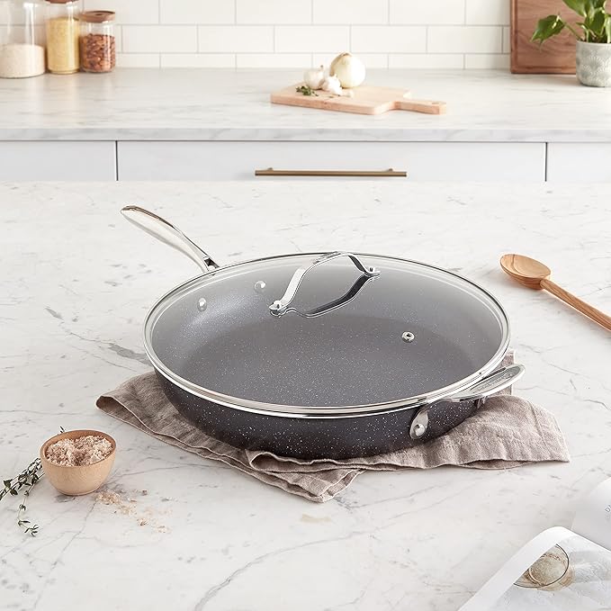 Granitestone 14” Frying Pan with Lid, Large Non stick Frying Pan for Cooking, Frying Pan Nonstick, Ultra Durable Mineral and Diamond Coating, Family Sized Open Skillet, Oven and Dishwasher Safe, Black