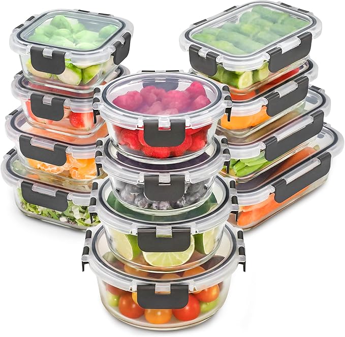 Freshware Glass Storage Containers with Lids, 24 Pieces, 12 Containers with 12 Lids, Glass Meal Prep Container for Lunch, Food Storage Containers, Leak Proof, Freezer Safe, Grey