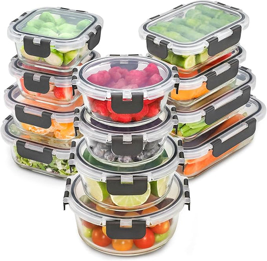 Freshware Glass Storage Containers with Lids, 24 Pieces, 12 Containers with 12 Lids, Glass Meal Prep Container for Lunch, Food Storage Containers, Leak Proof, Freezer Safe, Grey