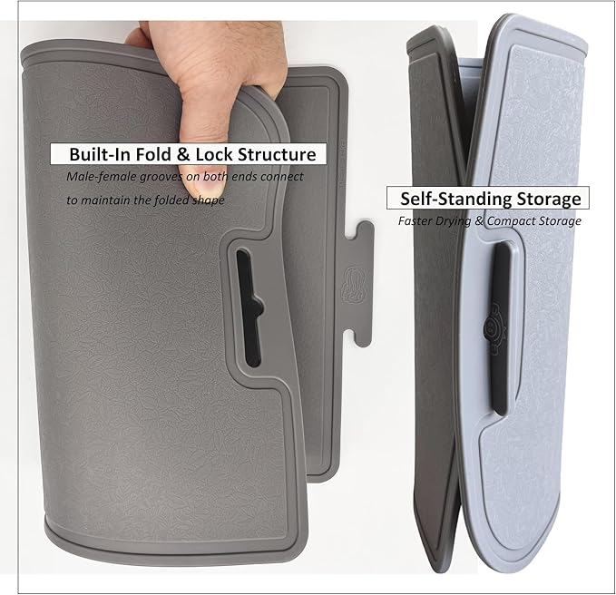 Korean Made Thick Silicone Double-Sided Usable Cutting Board 14.3" x 9.7" Foldable Design Drip Groove Grip Handle Dishwasher Safe Gray Color 1PCS Gift for Mom (Gray) Stocking Stuffer