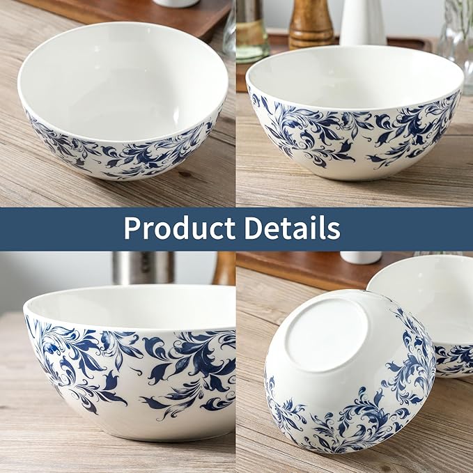 Blue Serving Bowls Set of 2, 42 oz Large Soup Bowl, Ceramic Pho Bowls for Cereal Salad Ramen Pasta Fruit, Blue and White bowls for Entertaining, Microwave Dishwasher Safe, Vintage