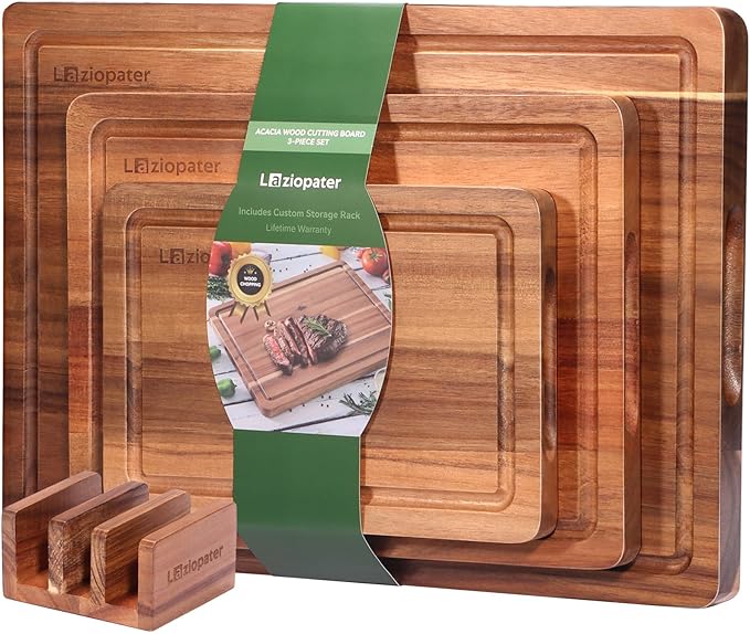 Wood Cutting Board Set, 3-Piece Rectangular Boards for Kitchen, 18x12x0.75 Inches, Hand Wash Only (Acacia Wood)