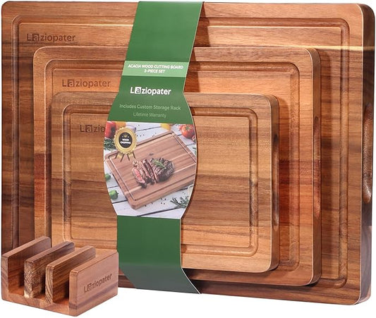 Wood Cutting Board Set, 3-Piece Rectangular Boards for Kitchen, 18x12x0.75 Inches, Hand Wash Only (Acacia Wood)