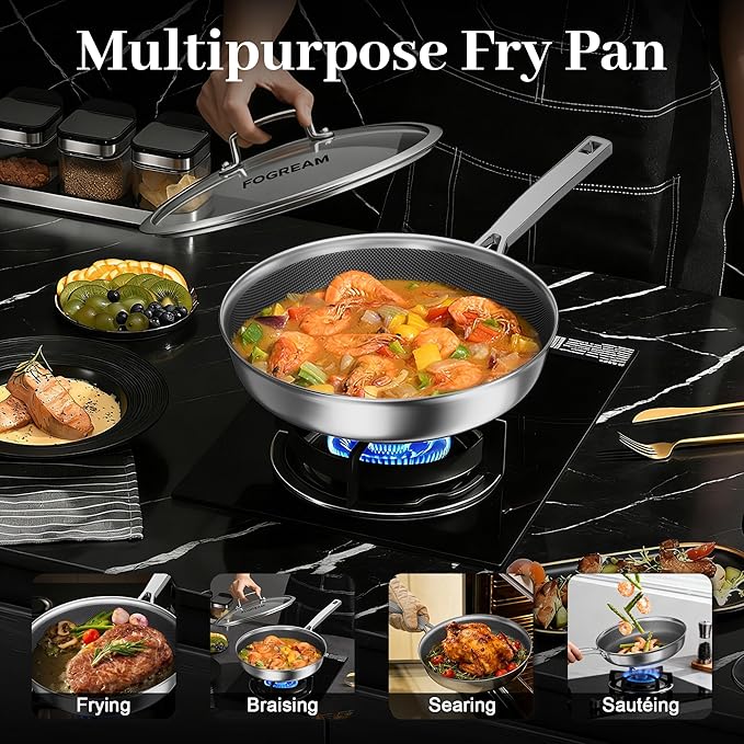 FogDream Titanium Non Stick Frying Pan, 10in Tri-Ply Hybrid Stainless Steel Skillet with Spatulas, All-in-One Cookware, Stay Cool Handle, Dishwasher & Oven-Safe,Induction Compatible,Silver