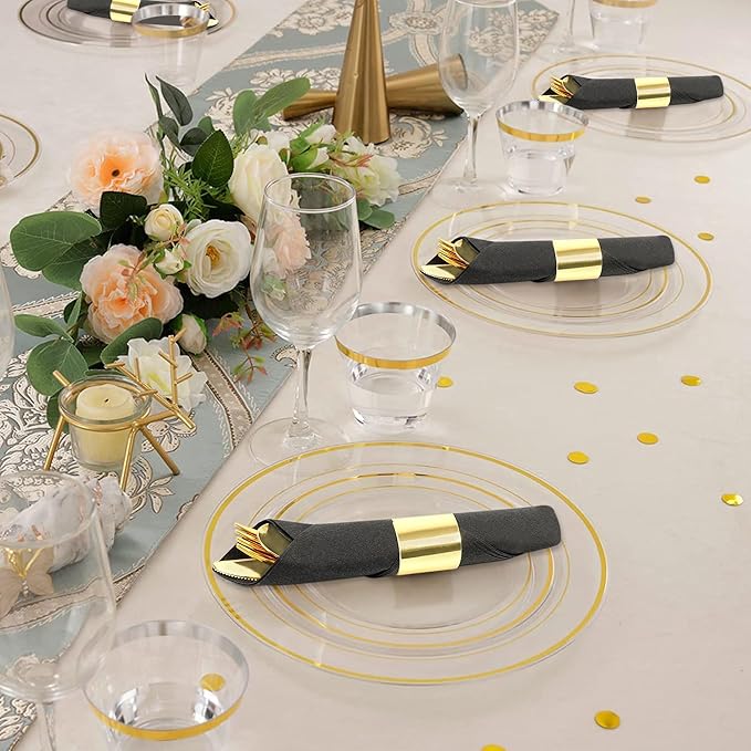 60 Pack Pre Rolled Gold Plastic Silverware Set,Wrapped Plastic Cutlery Set with Napkin Include 60 Forks,60 Spoons,60 Knives and 60 Black Napkins for Party, Wedding,Christmas