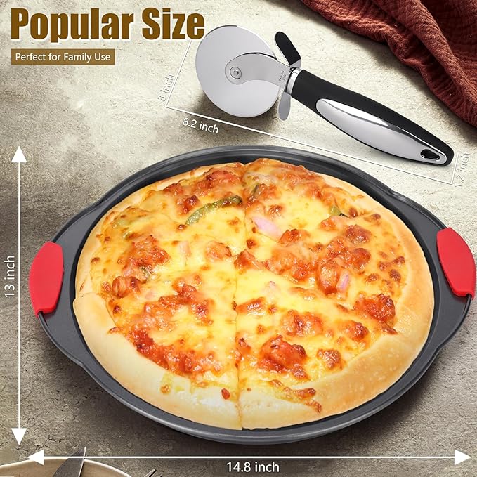 Pizza Pan for Oven (2 PACK), Pizza Baking Trays with Pizza Cutter, Non-Stick Pizza Baking Pan with Perforated Holes and Silicone Handle, Oven & Dishwasher Safe Carbon Steel