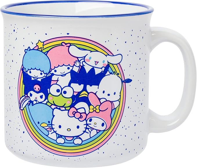 Silver Buffalo Sanrio Hello Kitty Friends Featuring Little Twin Stars, Cinnamoroll, Kuromi, Keroppi, Badtz-Maru, Pochacco, Tuxedo Sam, My Melody, Pompompurin, Chococat Ceramic Camper Mug, 20 Ounces