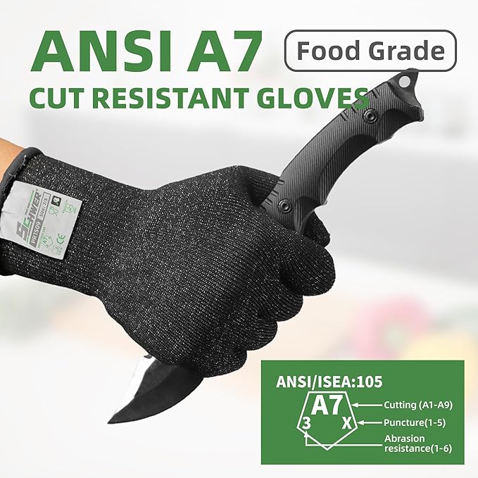 Schwer 2 Pairs ANSI A7 Cut Resistant Gloves, Mandoline Glove for Kitchen, Breathable & Comfortable, Food Grade Cutting Gloves for Meat Cutting, Fish Processing, Carving, and Shelling, PR1509, L