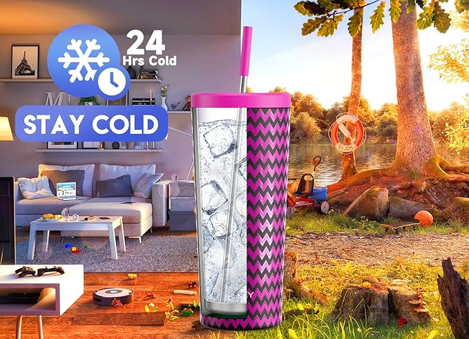Meoky 24 oz Insulated Tumbler with Lid and Straw, Stainless Steel Vacuum Insulated Tumbler, Keeps Cold for 24 Hours, 100% Leak Proof, Fits in Car Cup Holder (Bolt)