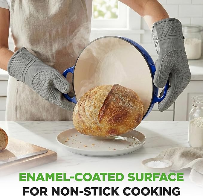 NutriChef 10.2" Enameled Cast Iron Bread Oven, Dome-Shaped Sourdough Baking Pan with Handles & Silicone Gloves, Oven-Safe to 500°F, Dishwasher Safe Dutch Oven Bread Pan (Blue)