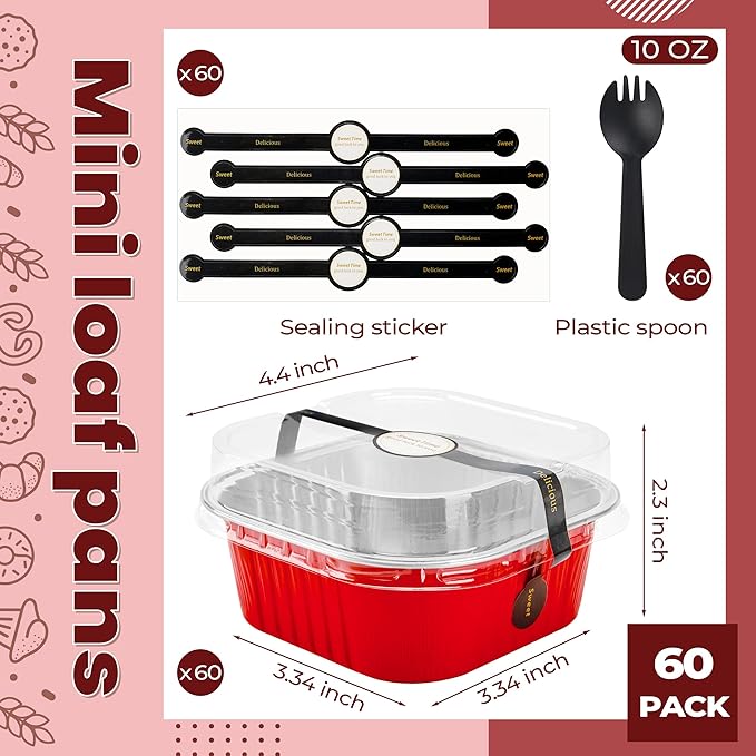 60 pack Mini Cake Pans with Lids Foil Pans Square Aluminum Pans with Lids Cupcake Liners for Birthday Wedding Party Gift (Red, 10 oz)
