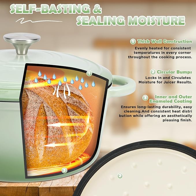 Enameled Cast Iron Dutch Oven Pot with Lid, Incl. Sourdough Bread Baking Supplies Like Banneton Bread Proofing Basket, Starter Jar, Scoring Tool Lame, 5QT Dutch Oven for Bread Baking, Oven Safe up to 500°F