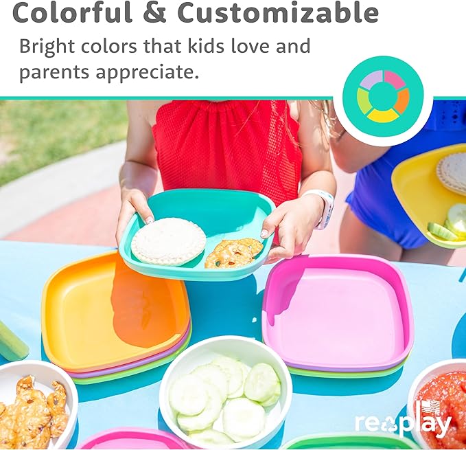 Re-Play Toddler Plates - 22 Oz. Deep-Walled Flat Kids Plates - Dishwasher & Microwave Safe - Made in USA - Set of 3-7.37" x 7.37" x 1.25" - A Princess