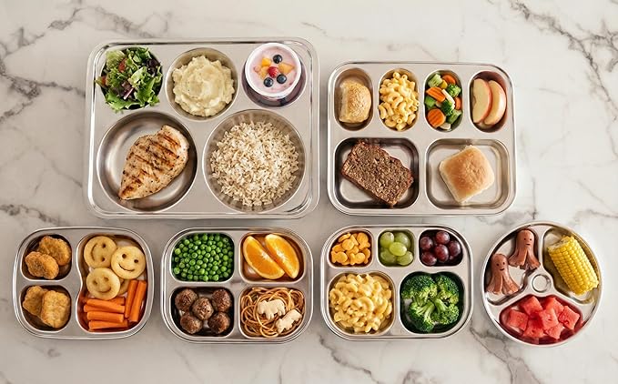 Korean Stainless Steel Divided Plates for Kids, Adults, Students, Premium 304, Electro-Polished, No Black Residue, BPA-Free, 6-Compartment Food Tray, Picky Eaters, Diet Portion Control, Set of 2