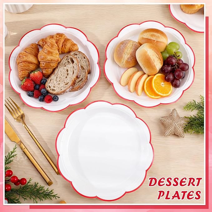 30 Pcs Red and White Paper Plates, 9 Inch White Plates with Red Trim Scalloped Paper Plate Disposable for Mother's Day, Baby Shower, Wedding, Bridal Shower, Birthday