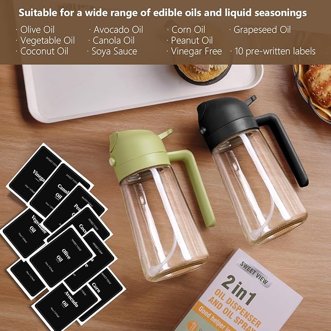 2PCS Oil Sprayer for Cooking, 16oz/470ml Glass Oil Dispenser/Pour Bottle, Kitchen Accessories, Kitchen Gadgets for Air Fryer, Salad, BBQ, with Stickers (Black,White)