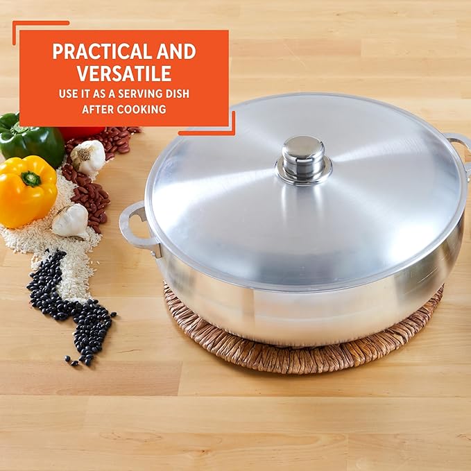 IMUSA Traditional Polished Aluminum Caldero (Dutch Oven) with Lid, 6.9 Quarts, Polished Aluminium