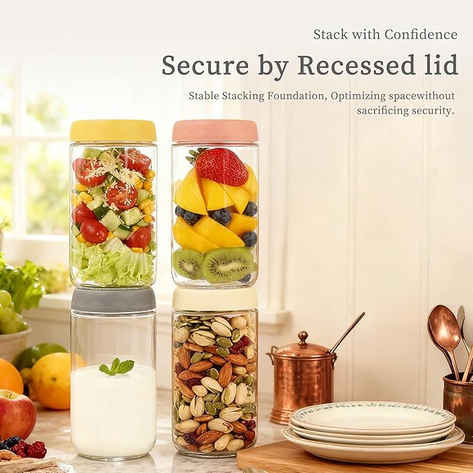 24oz 4Pack Glass Overnight Oats Jars Containers with Airtight Leakproof Lids, Reusable Mason Jars for Meal Prep, Yogurt Parfaits, Smoothies, Salads & Healthy Breakfasts (24 OZ-4-2)