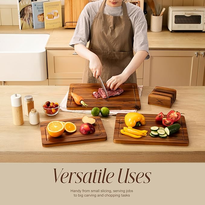 Acacia Wood Cutting Board Set of 3 with Stand - Thick Wooden Chopping Boards with Deep Juice Grooves - Non-Slip & Durable Wooden Boards for Meat & Vegetables (16x12, 14x10, 12x8) - Natural