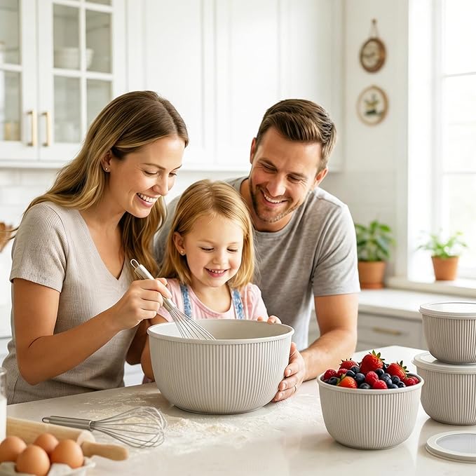 BoxedHome Nesting Plastic Mixing Bowls, BPA-Free Plastic, Microwave and Dishwasher Safe, Set of 4, 1.27/2.22/3.38/4.76quart, Grey