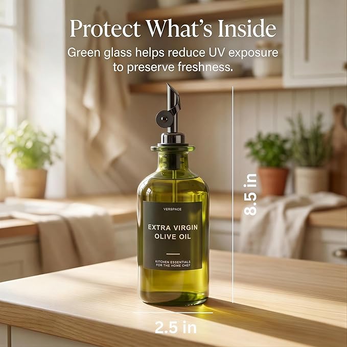 UV-Protected Green Glass Olive Oil Dispenser Bottles For Kitchen - Includes 40 Kitchen Essential Labels, Avocado Oil Dispenser Set, Modern Decor for Home, Airbnb, Cafe Set of 2